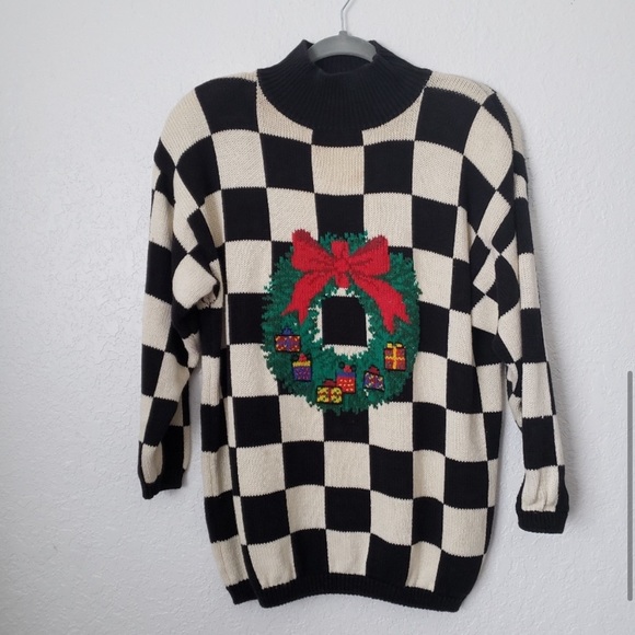 Vintage Ugly Christmas Mock Neck Checkered Sweater - Picture 6 of 8